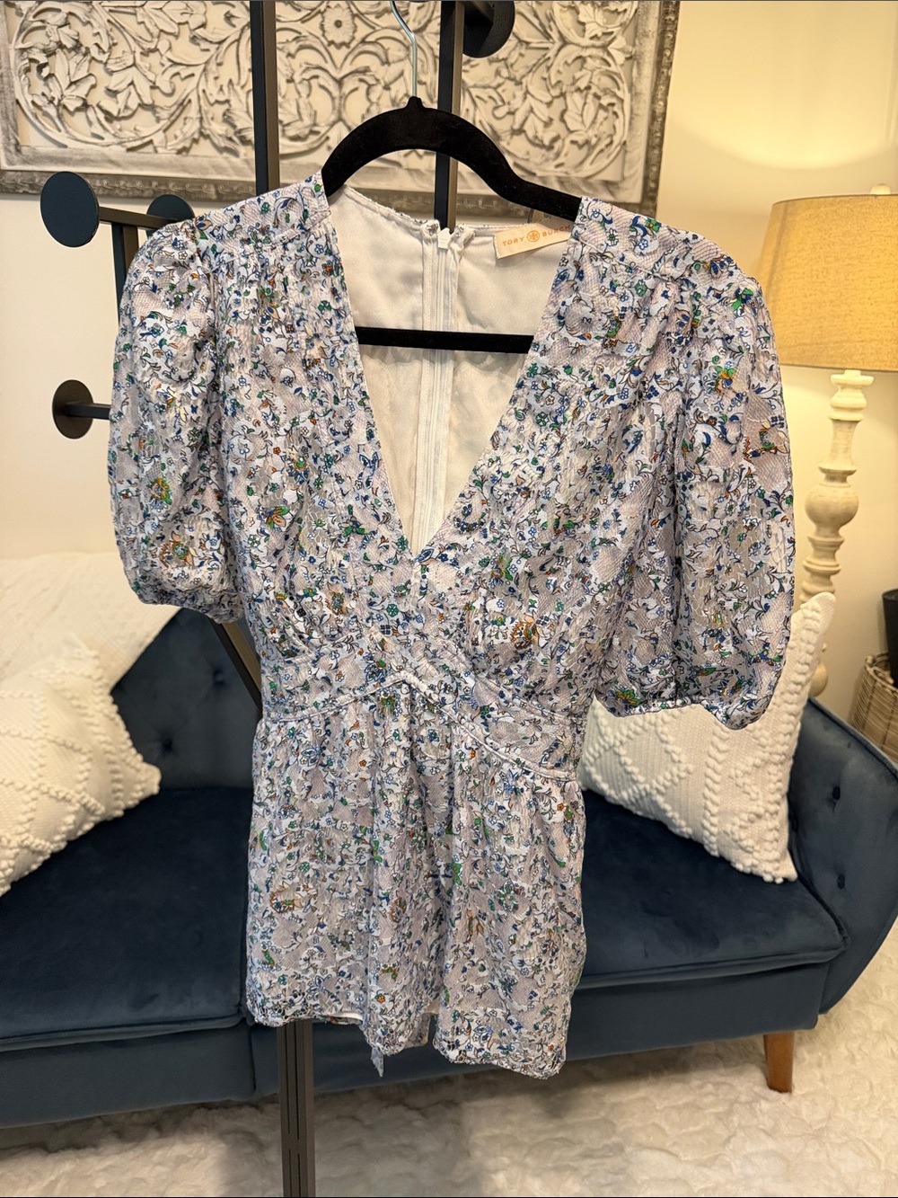 Tory Burch Light Blue Floral Puff-Sleeve V-Neck Peplum Top